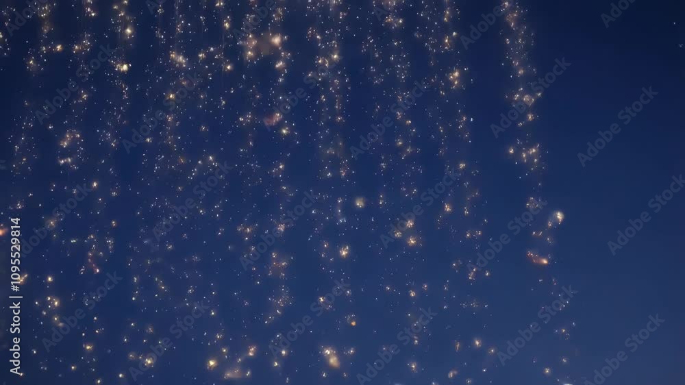 Poster tiny shimmering particles fall softly against a deep blue background, creating a mesmerizing and enc