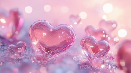 Fototapeta premium Surreal arrangement of glass-like heart sculptures in pink and white hues, varying in size with glowing reflections, set against a dreamy pink background with subtle bokeh