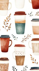 Seamless winter boho pattern of reusable coffee cups, soft earth tones, watercolor, isolated on white background