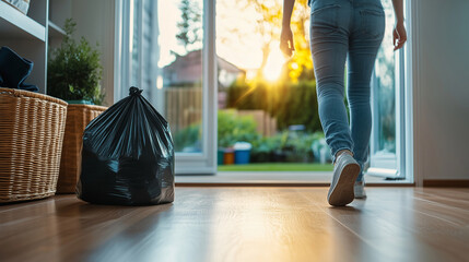 Obraz premium A person about to throw away a trash bag by the back door, with blurred laundry baskets and outdoor garden through the door.