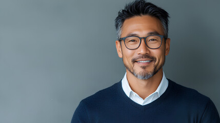 Fototapeta premium Realistic Portrait of a Happy Young Asian Businessman Using Smartphone