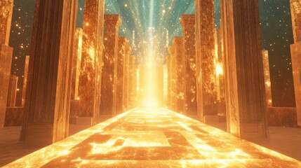Obraz premium A glowing pathway through ancient pillars leading to a radiant light source.