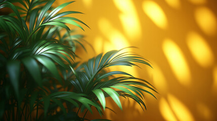 Green palm tree flower on yellow wall background with highlights on wall