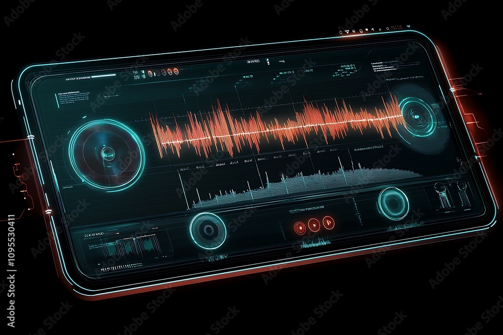 Poster a futuristic interface displaying audio waveforms and analysis data.