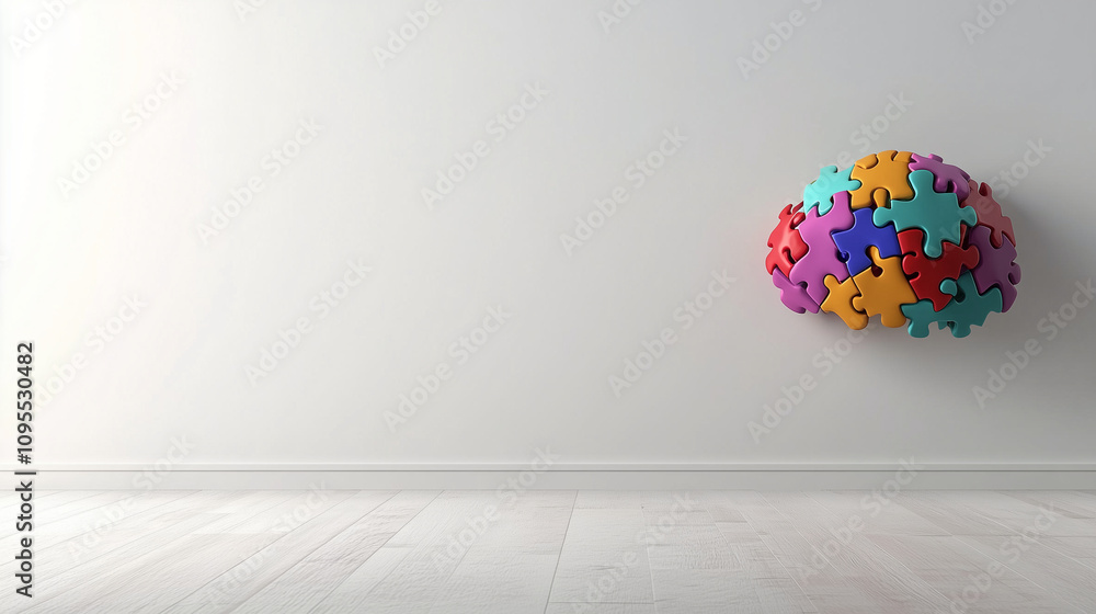 Poster a vibrant 3d rendering of colorful puzzle pieces in various shapes forming a brain, set against a mi