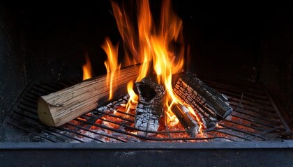  top view Small open wood fire burning in a metal grate 