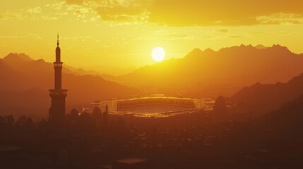 Sunset view of the Kaaba in Makkah, warm golden hues casting over the mosque and surrounding mountains, giving a serene and peaceful ambianc