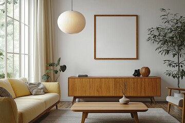 A mid century modern interior in a living room with minimalist, yellow sofa and pendant lighting and wood cabinet. Generative AI

