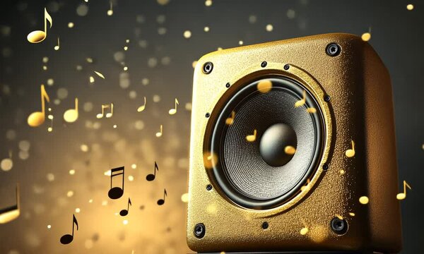 Vibrant Gold Speaker Emitting Musical Notes with Sparkling Background Creating an Energetic Atmosphere for Music Lovers and Audiophiles