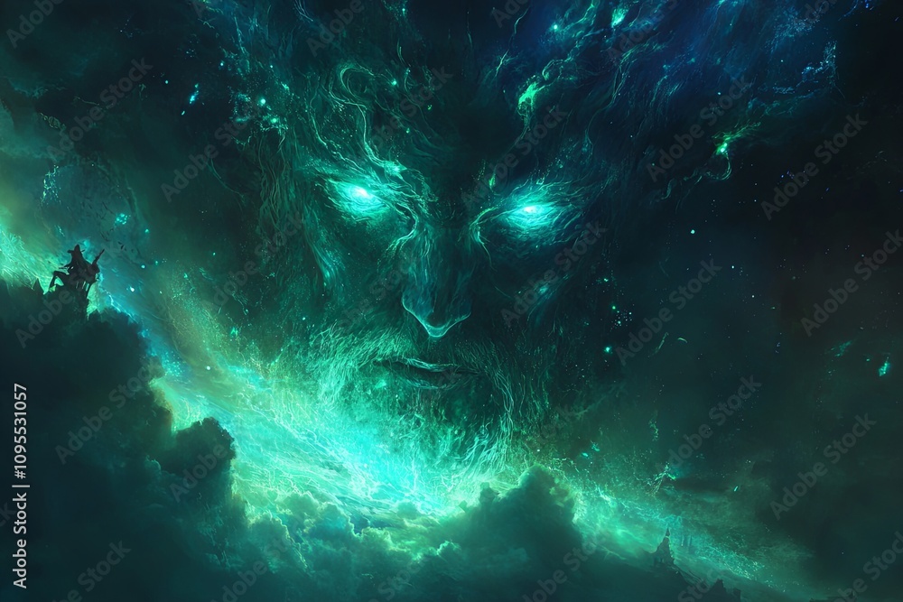 Poster ethereal representation of a celestial being surrounded by cosmic elements in a vibrant night sky. g