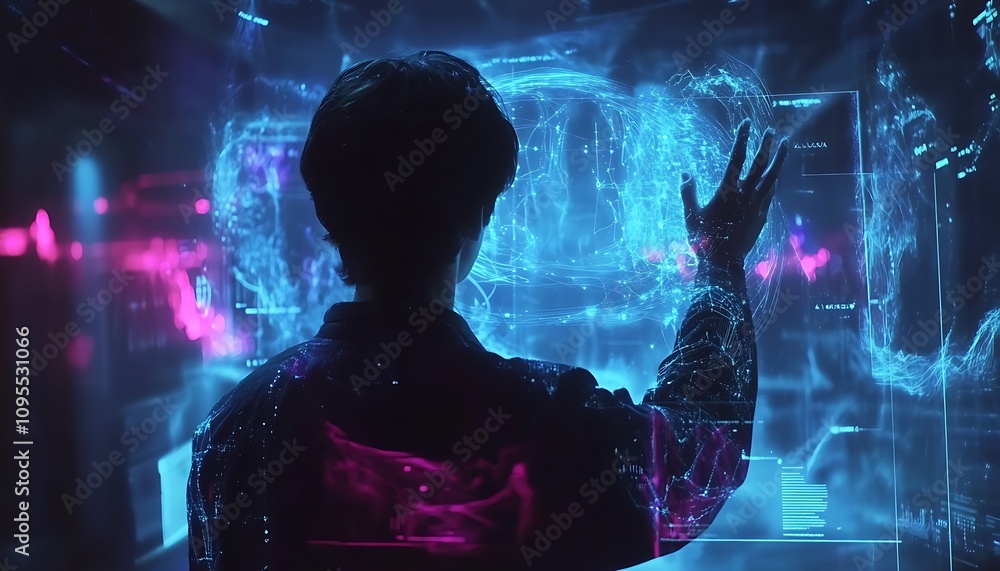 Aufkleber a person interacts with a holographic interface, showcasing digital data and visual effects.
