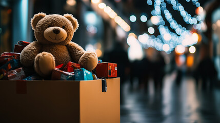 A brightly colored donation box bursting with toys, a plush teddy bear atop the pile, positioned in a warmly lit community center, perfect for a holiday giving campaign.