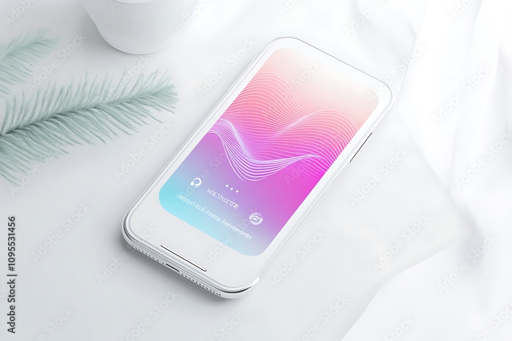 Poster a smartphone displaying a colorful sound wave interface on a soft background.