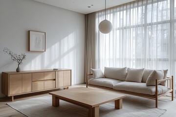 Minimalist, modern japandi interiors in living rooms with sofas and wood furniture. Generative AI
