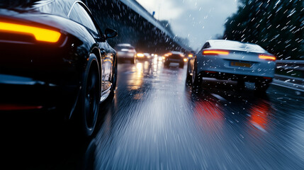 A rainy highway scene with cars blurred by motion and water droplets on the camera lens creating a dreamy effect.