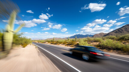 A desert highway with blurred cars speeding through the arid landscape, framed by cacti and sandy terrain.