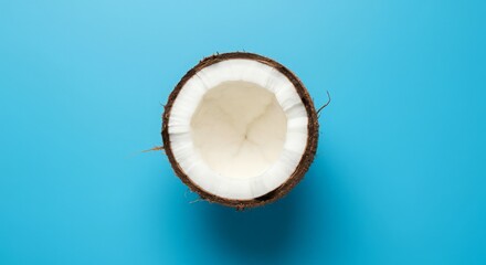Fototapeta premium Flat lay of halved coconut placed on a sky-blue background