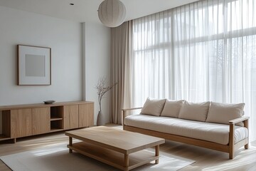 Minimalist, modern japandi interiors in living rooms with sofas and wood furniture. Generative AI
