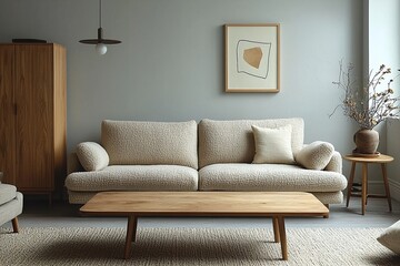 Minimalist, modern japandi interior in living room with sofa and wood cabinet. Generative AI
