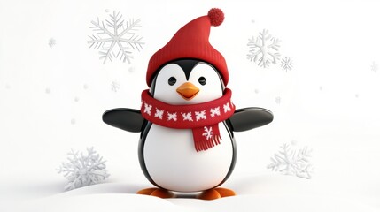 Cute penguin in snow field. Winter theme background template for greeting card design.