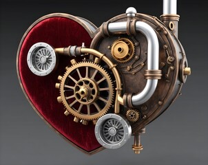 Obraz premium Heart-shaped steampunk mechanism with golden gears and crimson velvet textures. Industrial art concept