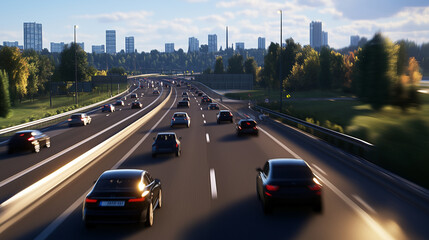 A sprawling suburban highway under a clear sky, with blurred cars creating a dynamic sense of movement.