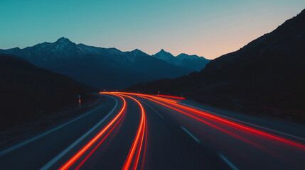 A blurred image of a winding mountain highway at sunset, with cars creating streaks of light against the dramatic peaks.