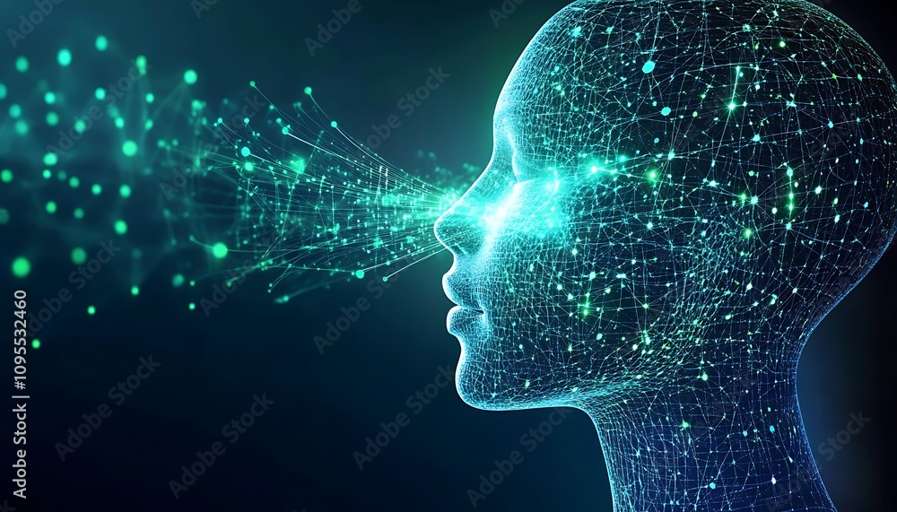 Poster a digital representation of a human head with interconnected data points and glowing elements.