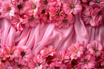 Pink flower background with drapes  fabric textures  and patterns.