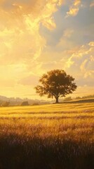 A tranquil landscape showcases a solitary tree amidst golden fields illuminated by a vibrant sunset. Rolling hills create a scenic backdrop under a colorful sky filled with clouds.