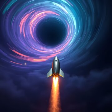 Explora el fascinante viaje de un cohete hacia un v&oacute;rtice c&oacute;smico lleno de colores vibrantes y energ&iacute;a
