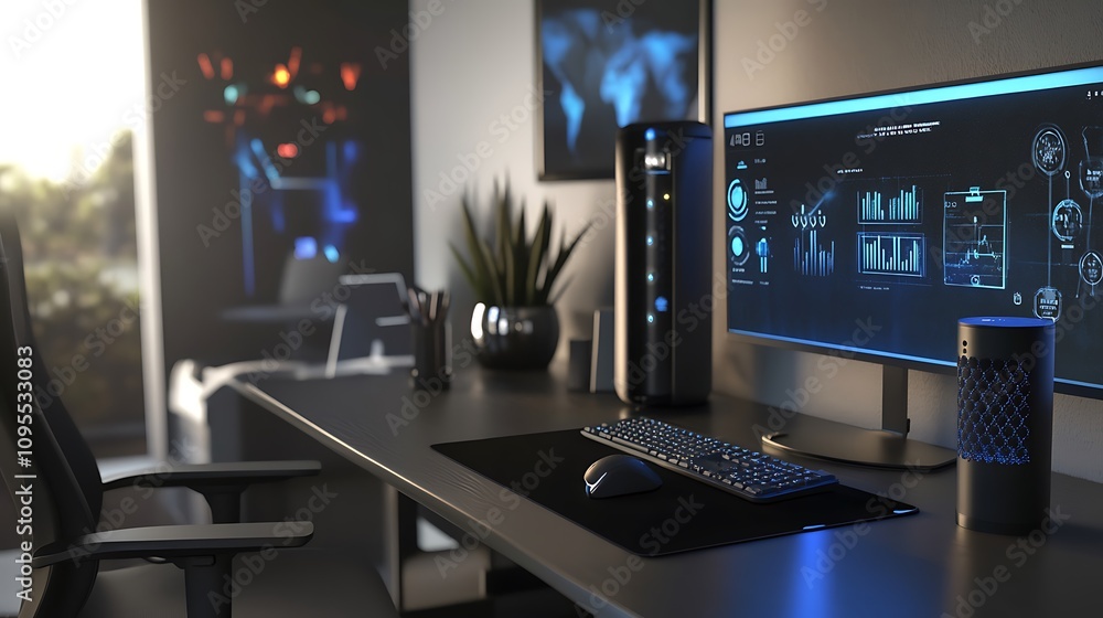 Poster a modern workspace featuring a computer, monitor, and smart device in a tech-oriented environment.