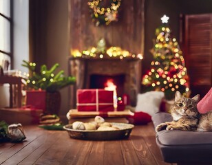 Obraz premium Lindo gato acostado en casa en Nochebuena