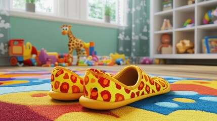 Colorful Children&rsquo;s Shoes on a Playroom Rug with Toys and a Giraffe in the Background, Creating a Fun and Vibrant Atmosphere for Play and Creativity