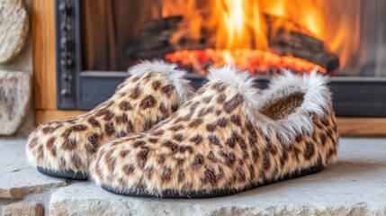 Obraz premium Cozy Leopard Print Slippers by a Warm Fire – Perfect for Relaxation, Comfort, and Home Decor in a Rustic Setting with a Beautiful Fireplace