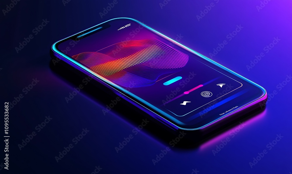 Poster a smartphone displaying a vibrant music player interface with colorful waveforms.