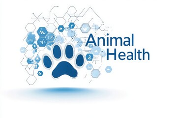 A graphic representation showcasing the concept of animal health, featuring a blue paw print integrated with digital icons and data elements, symbolizing advanced veterinary practices.