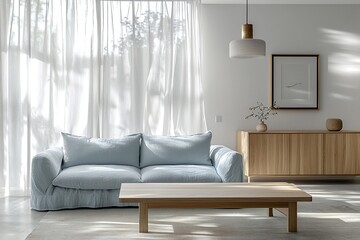 A minimalist, mid century modern interior in the living room with a sky blue sofa and wood cabinet. Generative AI
