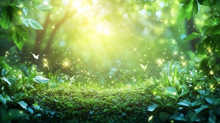 A dreamy, charming background showcasing a lush garden with soft gradients of greenery and delicate light. 