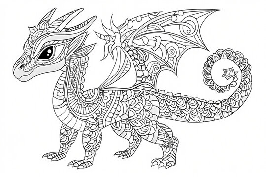 A beautifully intricate, hand-drawn dragon illustration featuring elaborate patterns and designs, perfect for coloring.