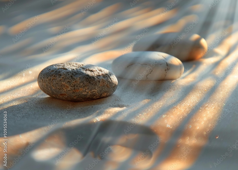 Poster smooth stones on sandy surface illuminated by soft sunlight, creating gentle shadows and enhancing n