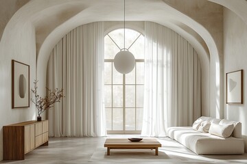 Minimalist, Scandinavian interior of living room with arched structure and sofa and table. Generative AI
