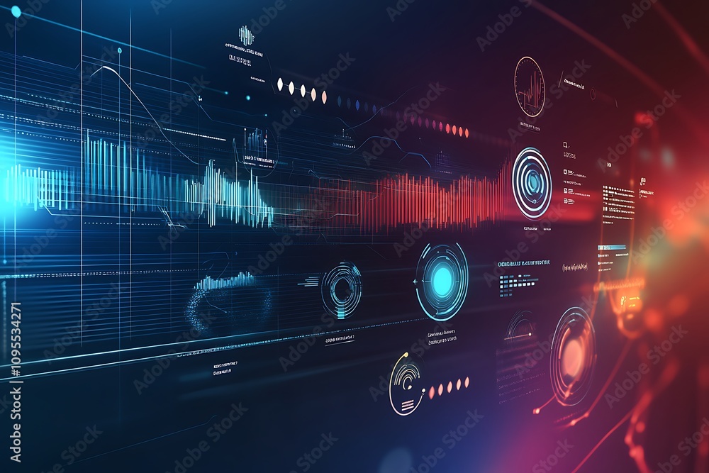 Aufkleber abstract digital interface displaying sound waves and data analytics.
