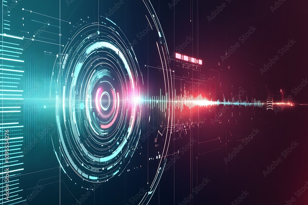 Poster abstract digital soundwave visualization with circular elements and vibrant colors.
