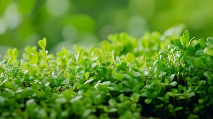 A dreamy, lush green background with layers of plants and blurred foliage creating a sense of depth. 