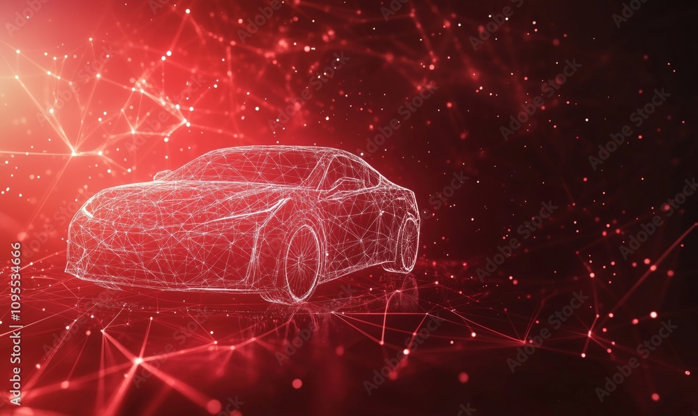 Poster wireframe car model in red digital space, showcasing futuristic design and technology, illuminated b