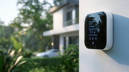 Smart thermostat installed on a modern house exterior, showcasing innovative technology for home climate control and energy efficiency in a lush suburban environment