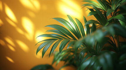 Green dense palm flower on yellow wall background with highlights on wall
