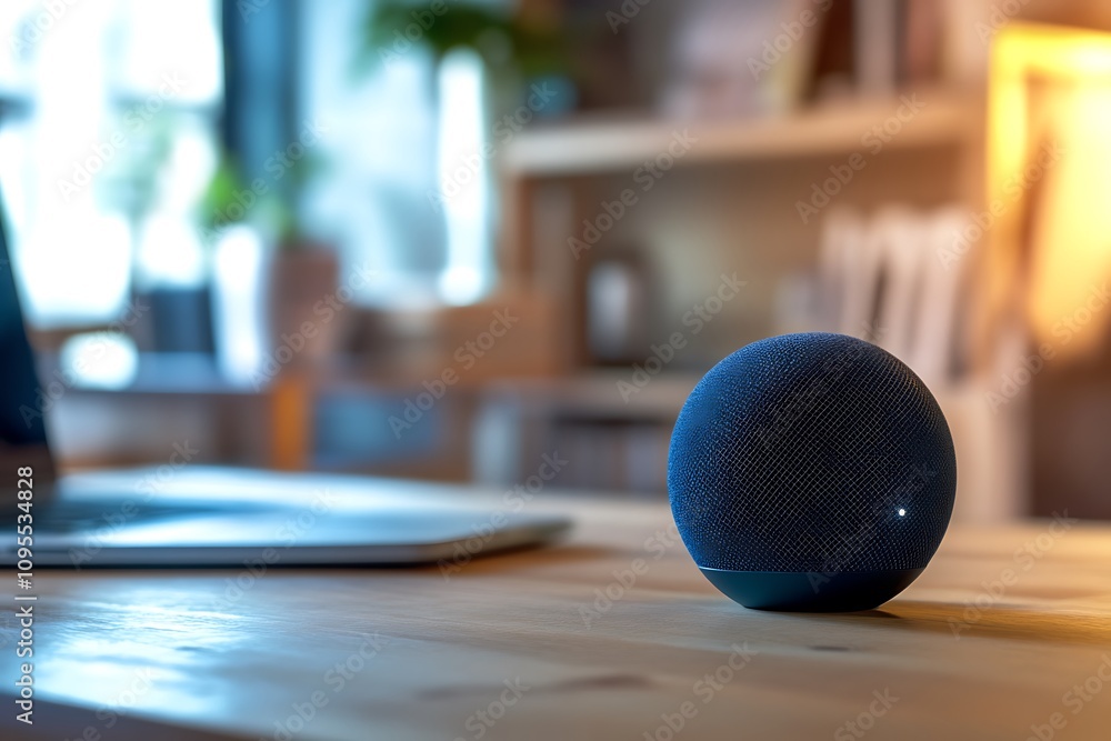 Aufkleber a smart speaker sits on a wooden table in a modern workspace, ready for voice commands.