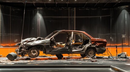 Abandoned Car in Art Installation Exhibiting Urban Decay and Destruction in Modern Gallery Space with Artistic Lighting and Industrial Backdrop